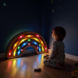 May include: Wooden rainbow-shaped night light with colorful LED lights. The rainbow is on a wooden floor in a dark room. The rainbow light is illuminating the room. A child is sitting on the floor looking at the rainbow.