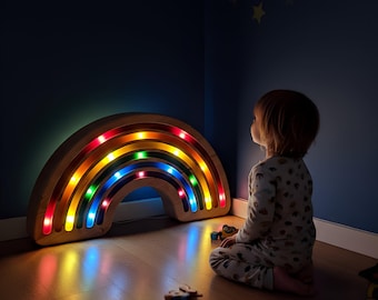 Regenboognachtlamp | Houten led-kinderkamerlamp | Kleurrijke kinderkamerdecoratie | Op Montessori geïnspireerd cadeau