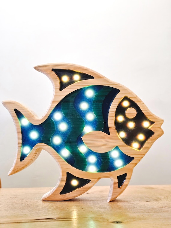 Fish Night Lamp Wooden Ocean LED Light for Kids Room Underwater Nursery Decor Toddler Sea Bedroom Light
