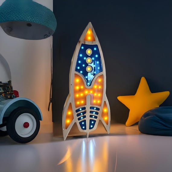 XXL Rocket Night Light | Wooden LED Space Lamp for Kids Room | Rocket Ship Nursery Decor | Astronaut Gift