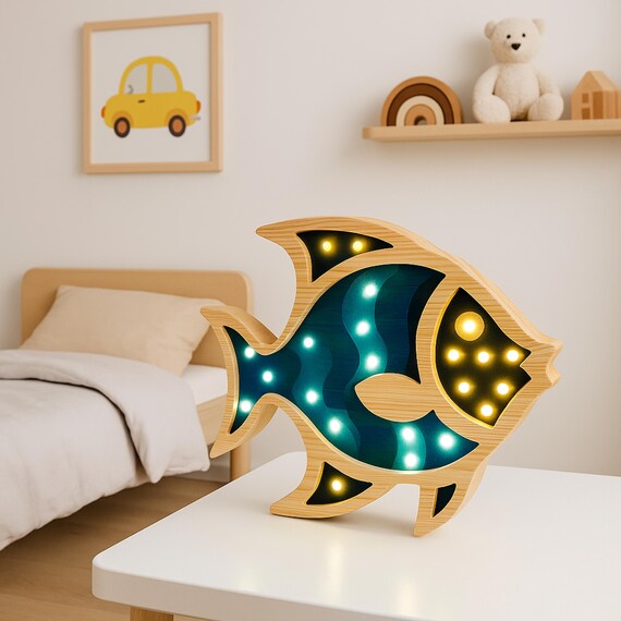 Fish Night Lamp: Wooden Ocean LED Lamp, Kids Nursery Decor