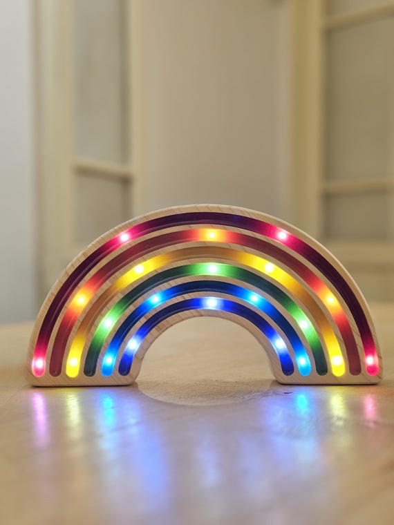 Rainbow Night Lamp, Wooden LED Nursery Light for Kids Bedroom Decor, Colorful Soft Glow with Rounded Edges