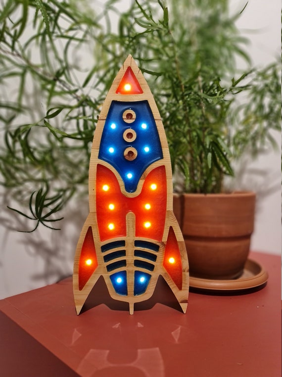 Handmade Rocket Ship Night Light | Wooden LED Space Lamp for Kids Room | Nursery Rocket Decor
