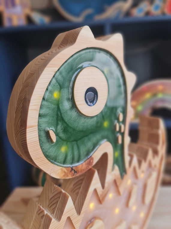 Handmade Dinosaur Night Light | Wooden Dino Lamp for Kids Room | Nursery Dinosaur Decor | Egg Hatching Light