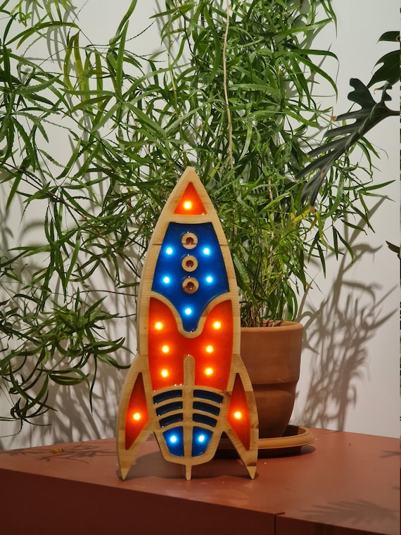 Handmade Rocket Ship Night Light | Wooden LED Space Lamp for Kids Room | Nursery Rocket Decor