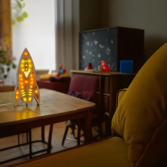Vintage Space Rocket Night Lamp for Children's Bedroom - Illuminating Decor for Nursery & Playroom