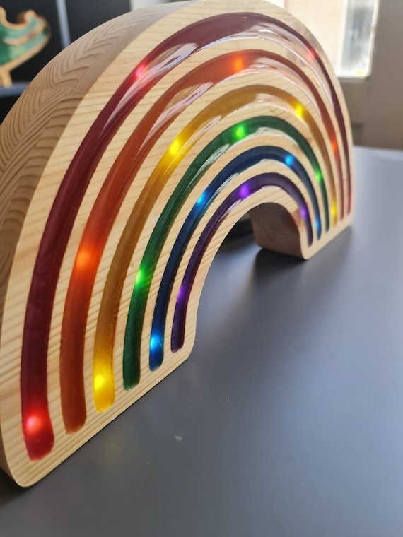 Colorful Rainbow LED Night Light for Kids' Room Decor - Handcrafted Epoxy Resin & Pine Wood Lamp