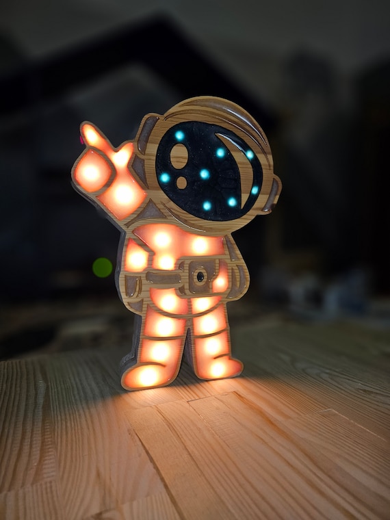 Astronaut Night Light | Wooden Space Nursery Lamp | LED Kids Room Decor | Space Explorer Gift