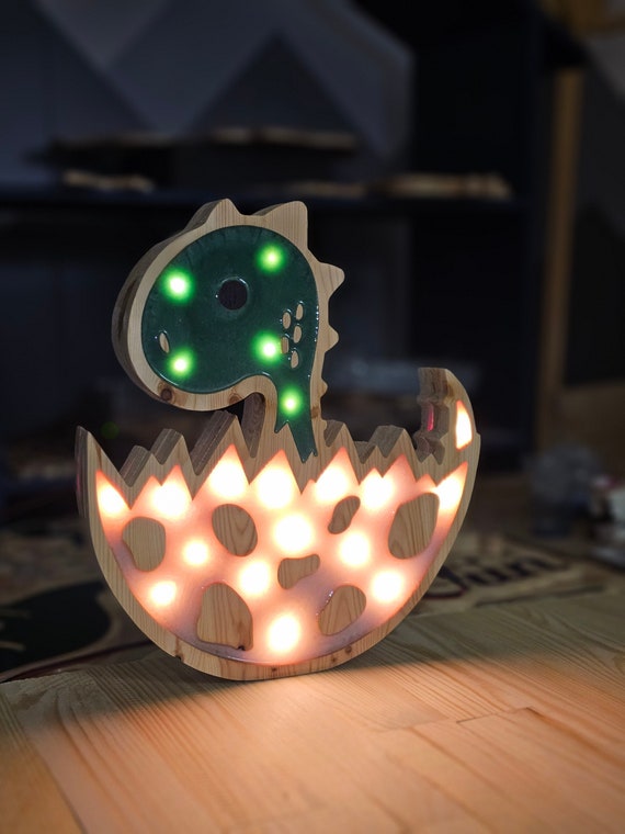 Handmade Dinosaur Night Light | Wooden Dino Lamp for Kids Room | Nursery Dinosaur Decor | Egg Hatching Light