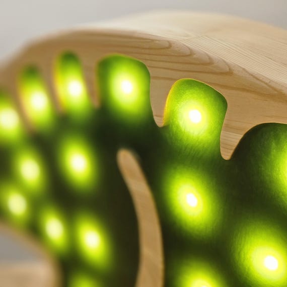 Illuminated dinosaur night light on table with brightness remote