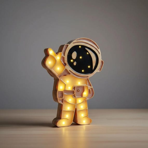 Astronaut Night Light | Wooden Space Nursery Lamp | LED Kids Room Decor | Space Explorer Gift