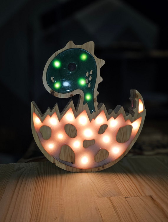 Handmade Dinosaur Night Light | Wooden Dino Lamp for Kids Room | Nursery Dinosaur Decor | Egg Hatching Light