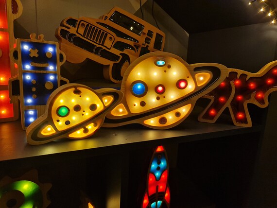 Handmade Planet Night Light | Wooden Space Nursery Lamp | LED Kids Room Decor | Outer Space Themed Gift