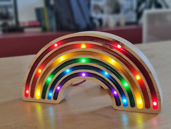 Enchanting Wooden Rainbow LED Night Light: Radiant Spectrum Illumination for Kids' Room & Nursery Decor