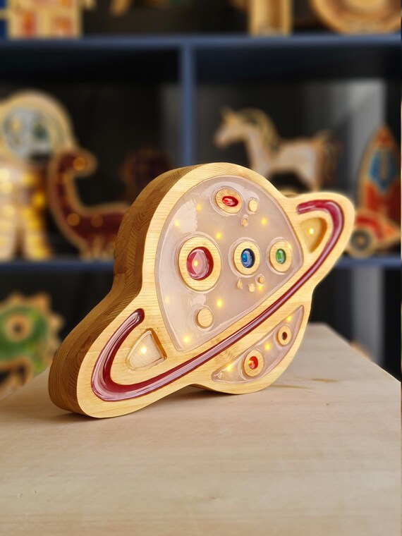 Handmade Planet Night Light | Wooden Space Nursery Lamp | LED Kids Room Decor | Outer Space Themed Gift