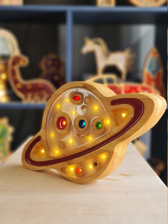 Handmade Planet Night Light | Wooden Space Nursery Lamp | LED Kids Room Decor | Outer Space Themed Gift