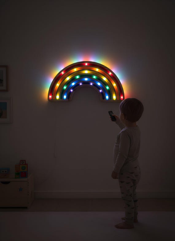 XXL Rainbow LED Night Light: Wooden Dimmer Lamp with Remote