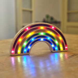 Rainbow Night Lamp, Wooden LED Nursery Light for Kids Bedroom Decor, Colorful Soft Glow with Rounded Edges