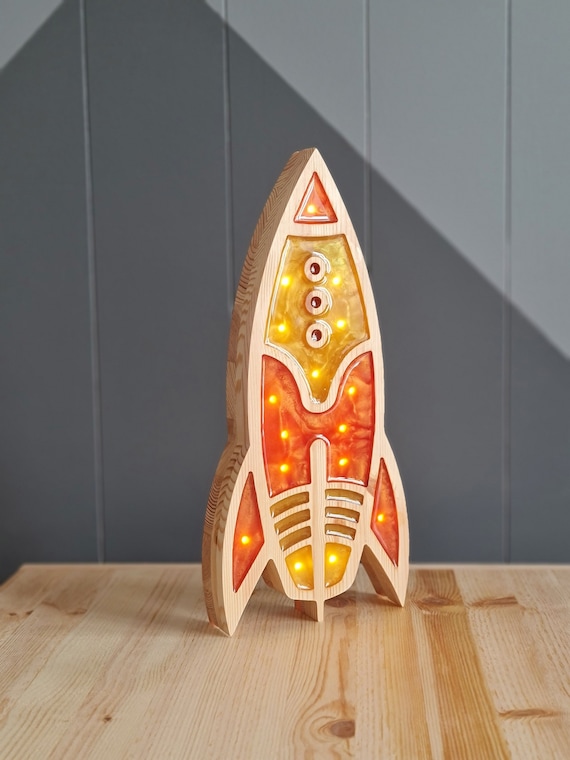 Handmade Rocket Ship Night Light | Wooden LED Space Lamp for Kids Room | Nursery Rocket Decor