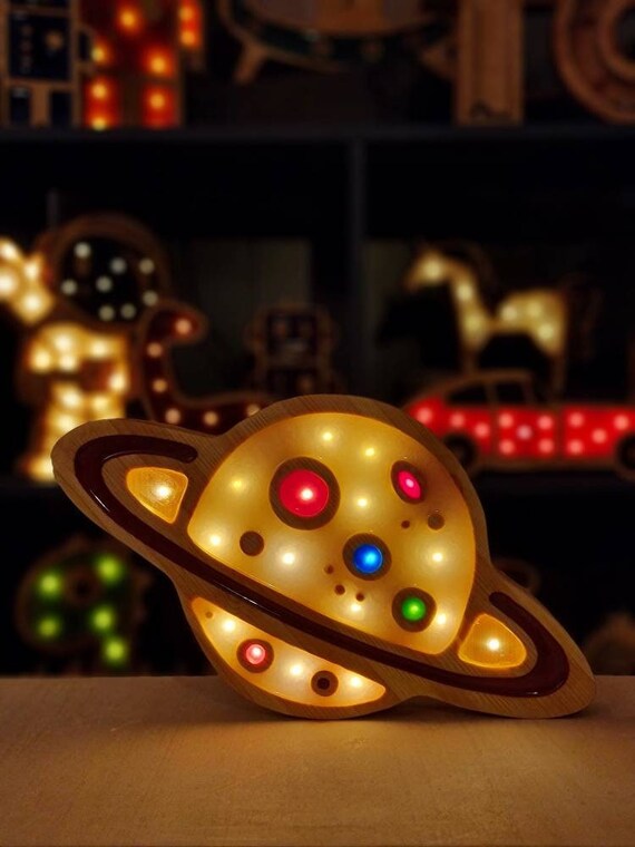 Handmade Planet Night Light | Wooden Space Nursery Lamp | LED Kids Room Decor | Outer Space Themed Gift