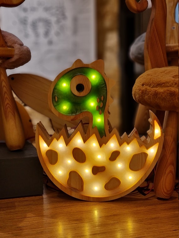 Handmade Dinosaur Night Light | Wooden Dino Lamp for Kids Room | Nursery Dinosaur Decor | Egg Hatching Light