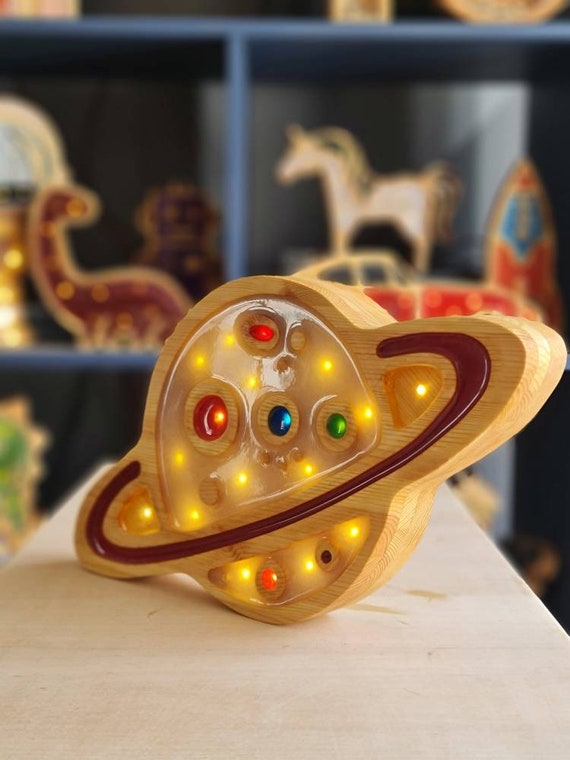 Handmade Planet Night Light | Wooden Space Nursery Lamp | LED Kids Room Decor | Outer Space Themed Gift