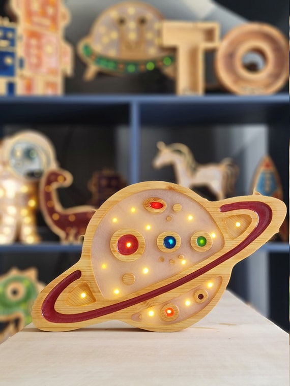 Handmade Planet Night Light | Wooden Space Nursery Lamp | LED Kids Room Decor | Outer Space Themed Gift