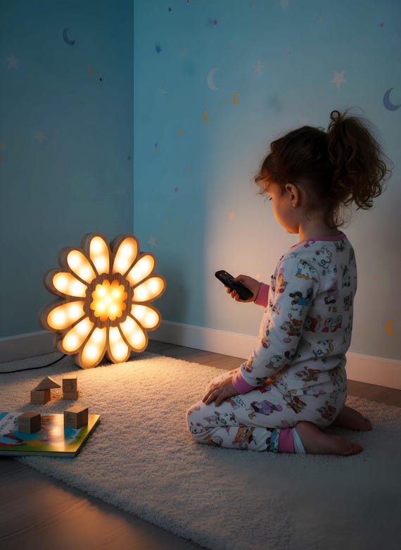 Flower Night Light for Kids | Wooden Daisy Lamp for Nursery Decor | Soft LED Floral Light | Nature-Inspired Room Decor