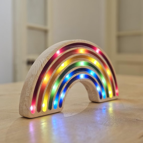 Rainbow Night Lamp, Wooden LED Nursery Light for Kids Bedroom Decor, Colorful Soft Glow with Rounded Edges