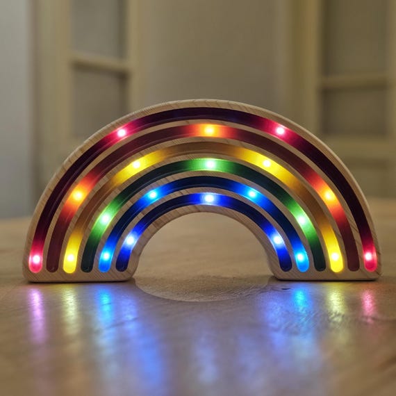 Rainbow Night Lamp, Wooden LED Nursery Light for Kids Bedroom Decor, Colorful Soft Glow with Rounded Edges