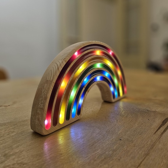Rainbow Night Lamp, Wooden LED Nursery Light for Kids Bedroom Decor, Colorful Soft Glow with Rounded Edges