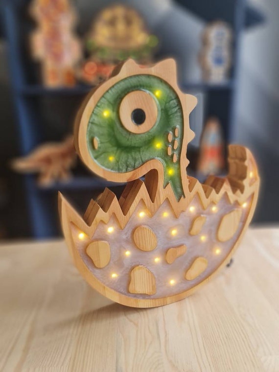 Handmade Dinosaur Night Light | Wooden Dino Lamp for Kids Room | Nursery Dinosaur Decor | Egg Hatching Light