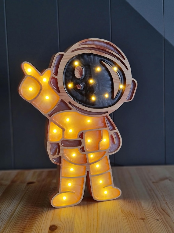 Astronaut Night Light | Wooden Space Nursery Lamp | LED Kids Room Decor | Space Explorer Gift