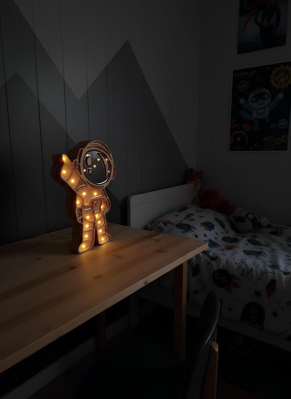 Astronaut Night Light | Wooden Space Nursery Lamp | LED Kids Room Decor | Space Explorer Gift