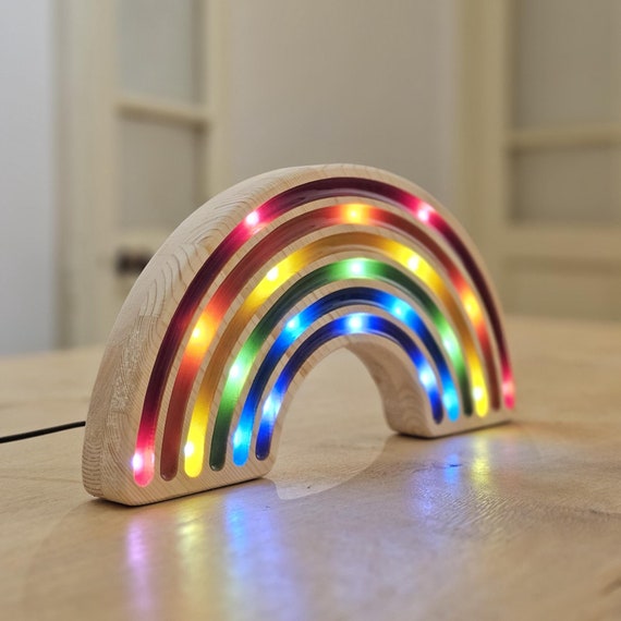Rainbow Night Lamp, Wooden LED Nursery Light for Kids Bedroom Decor, Colorful Soft Glow with Rounded Edges