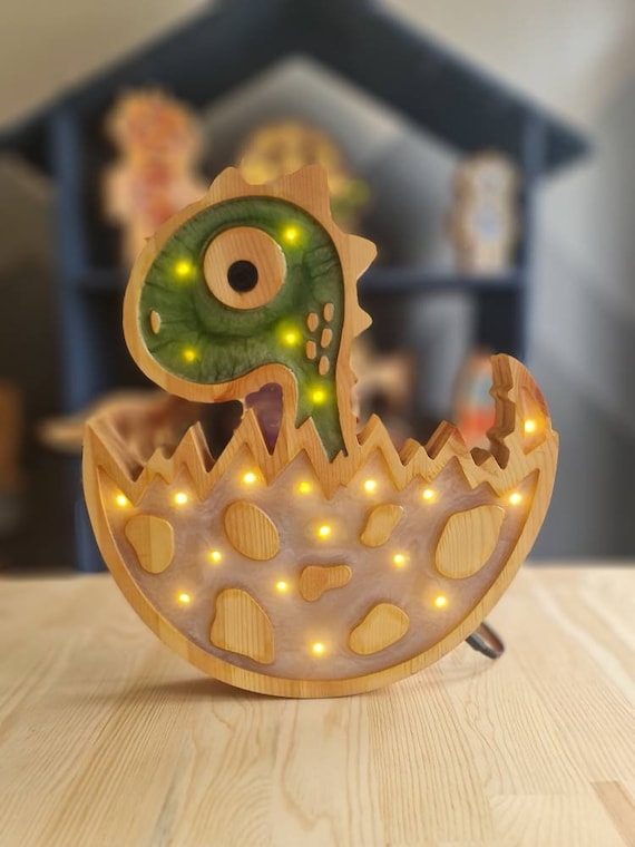 Handmade Dinosaur Night Light | Wooden Dino Lamp for Kids Room | Nursery Dinosaur Decor | Egg Hatching Light