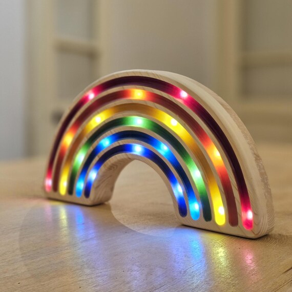 Rainbow Night Lamp, Wooden LED Nursery Light for Kids Bedroom Decor, Colorful Soft Glow with Rounded Edges