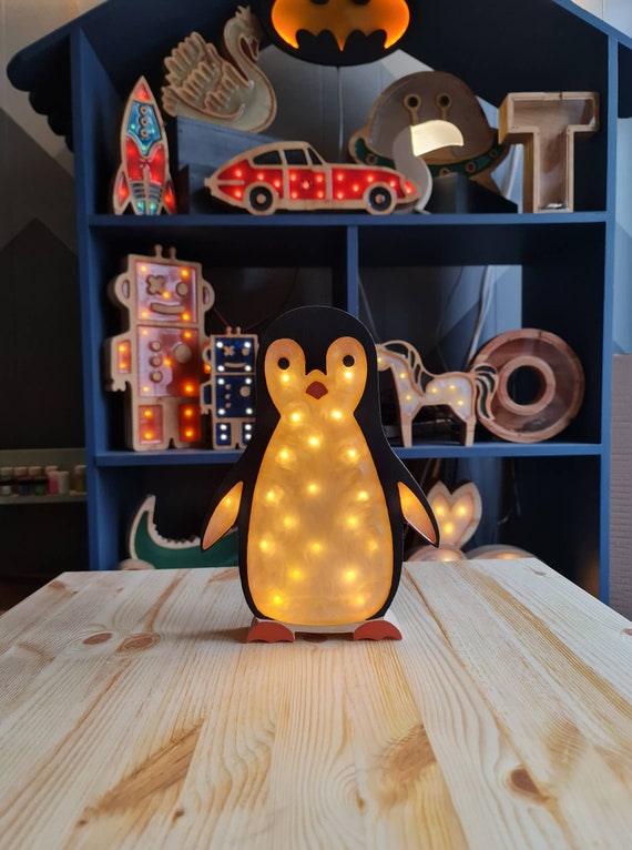 Penguin lamp made from epoxy resin and pine wood