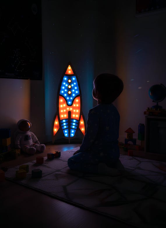 Rocket Lamp, Wooden LED Space Night Light for Kids Room, Nursery Decor, Handmade Space Rocket Ship, Astronaut Gift, Toddler Room Decor