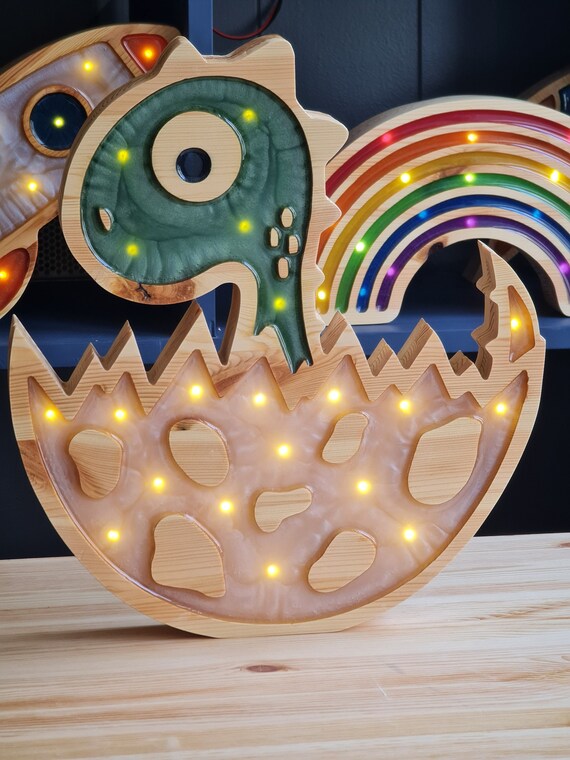 Handmade Dinosaur Night Light | Wooden Dino Lamp for Kids Room | Nursery Dinosaur Decor | Egg Hatching Light