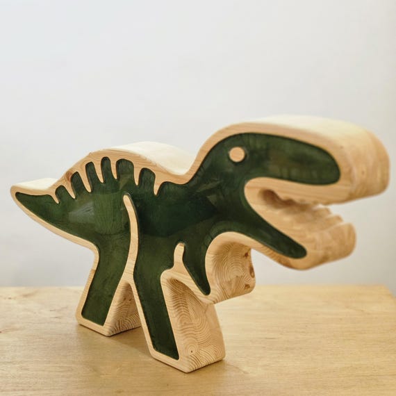 Fun dinosaur lamp with dimmable LED lights and smooth pine wood finish