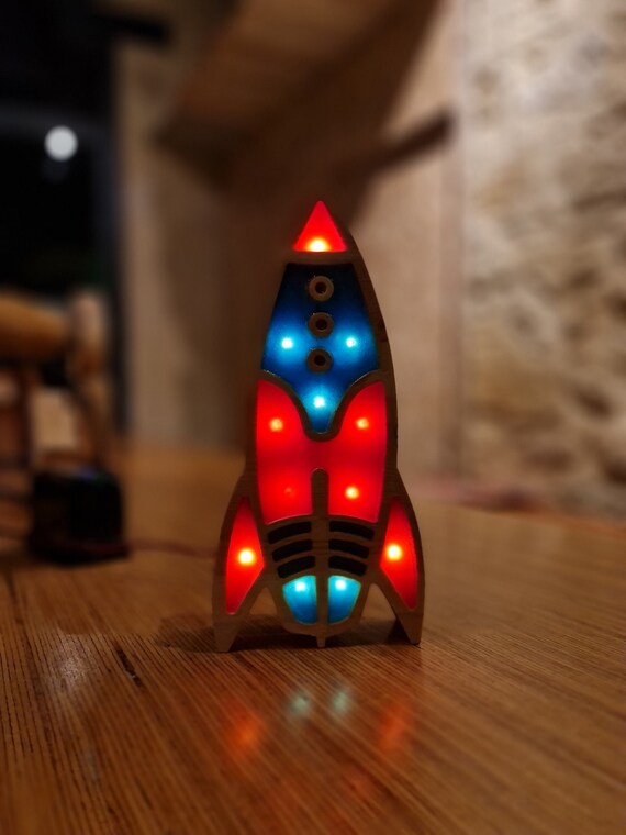 Retro Space Rocket LED Lamp: Illuminating Kids' Bedroom Decor for Nursery & Playroom Ambiance