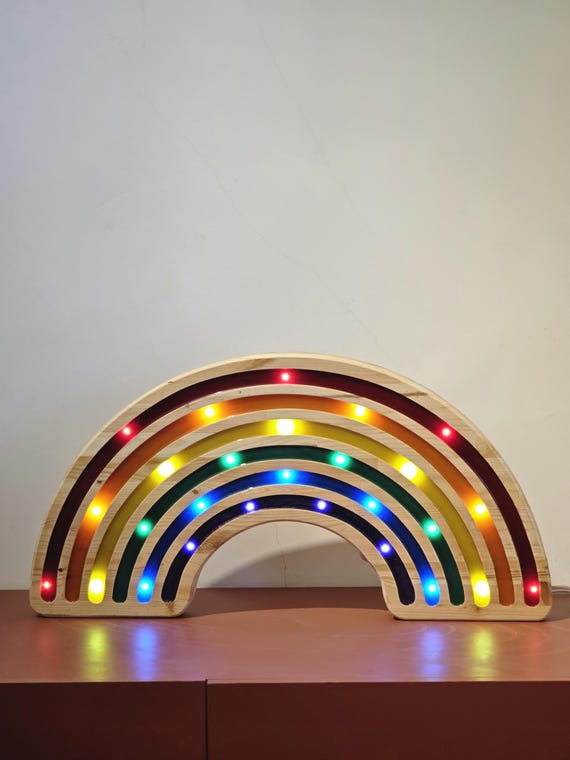 XXL Rainbow LED Night Light: Wooden Dimmer Lamp with Remote