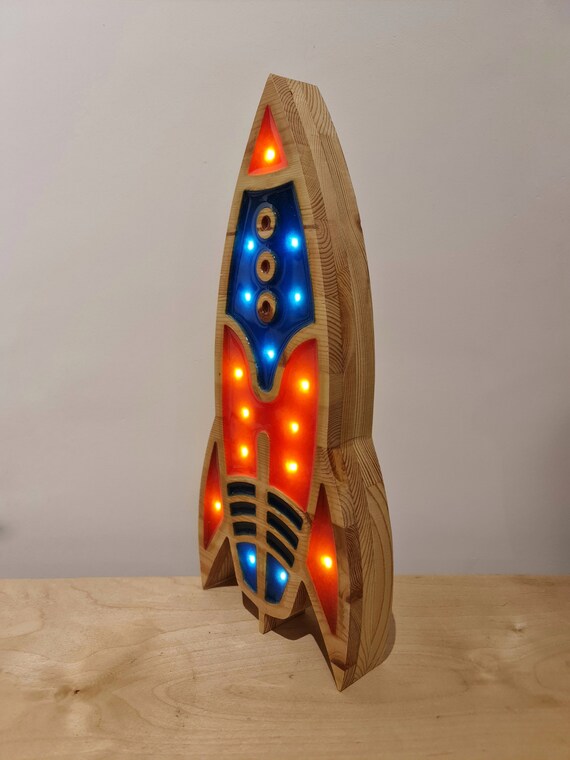 Handmade Rocket Ship Night Light | Wooden LED Space Lamp for Kids Room | Nursery Rocket Decor