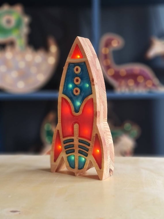 Retro Space Rocket LED Lamp: Illuminating Kids' Bedroom Decor for Nursery & Playroom Ambiance