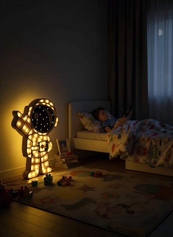 XXL Astronaut Lamp, Pine Wood & Resin, Kids Night Light