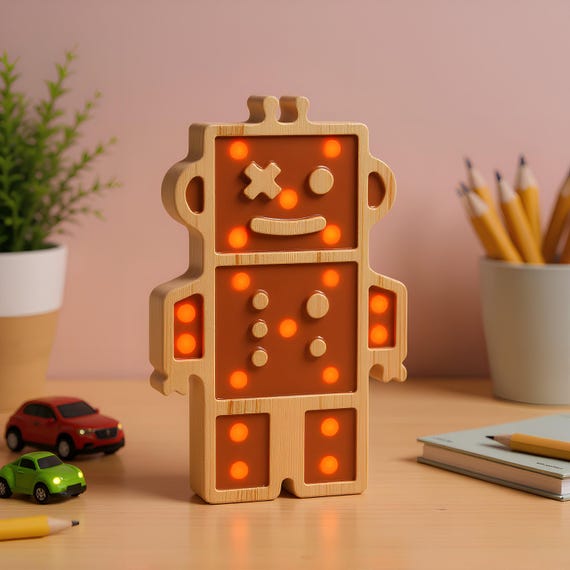 Robot Night Light for Kids Room | Wooden LED Nursery Lamp | Boys Room Decor | Tech-Inspired Gift