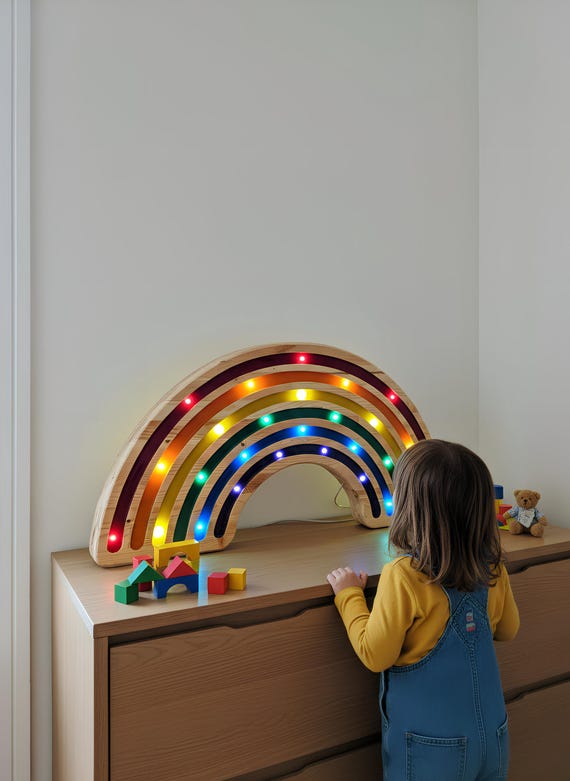 XXL Rainbow LED Night Light 85 cm | Wooden Dimmer Lamp with Remote | Colorful Kids Room Decor | Montessori Nursery Gift