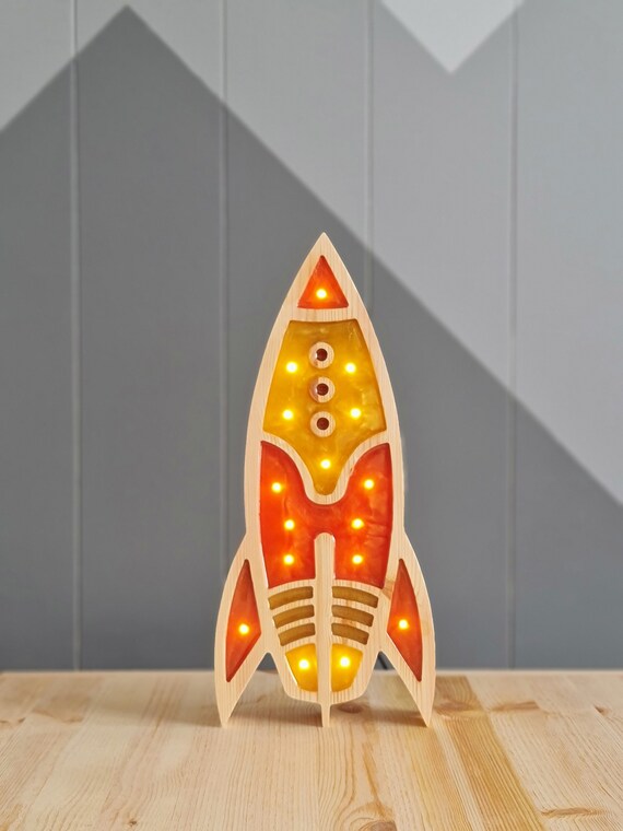 Handmade Rocket Ship Night Light | Wooden LED Space Lamp for Kids Room | Nursery Rocket Decor