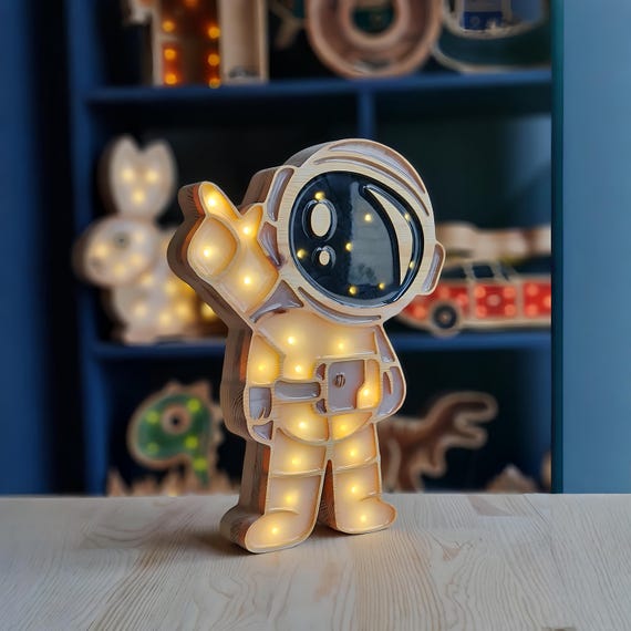 Astronaut Night Light | Wooden Space Nursery Lamp | LED Kids Room Decor | Space Explorer Gift